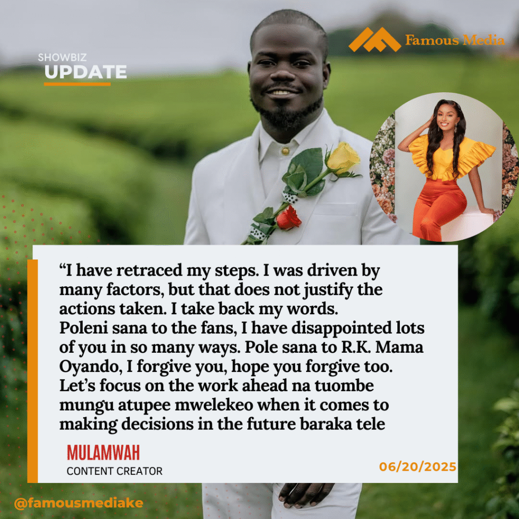 Mulamwah Makes U-Turn, Apologizes to Ruth K and Kenyans After Ugly Fight Online