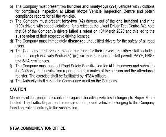 Breaking: NTSA suspends Super Metro Operator Licence