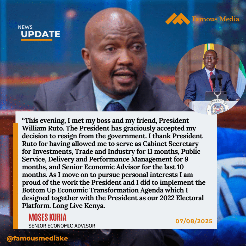 Moses Kuria Resigns from President Ruto’s Government After Nearly Three Years