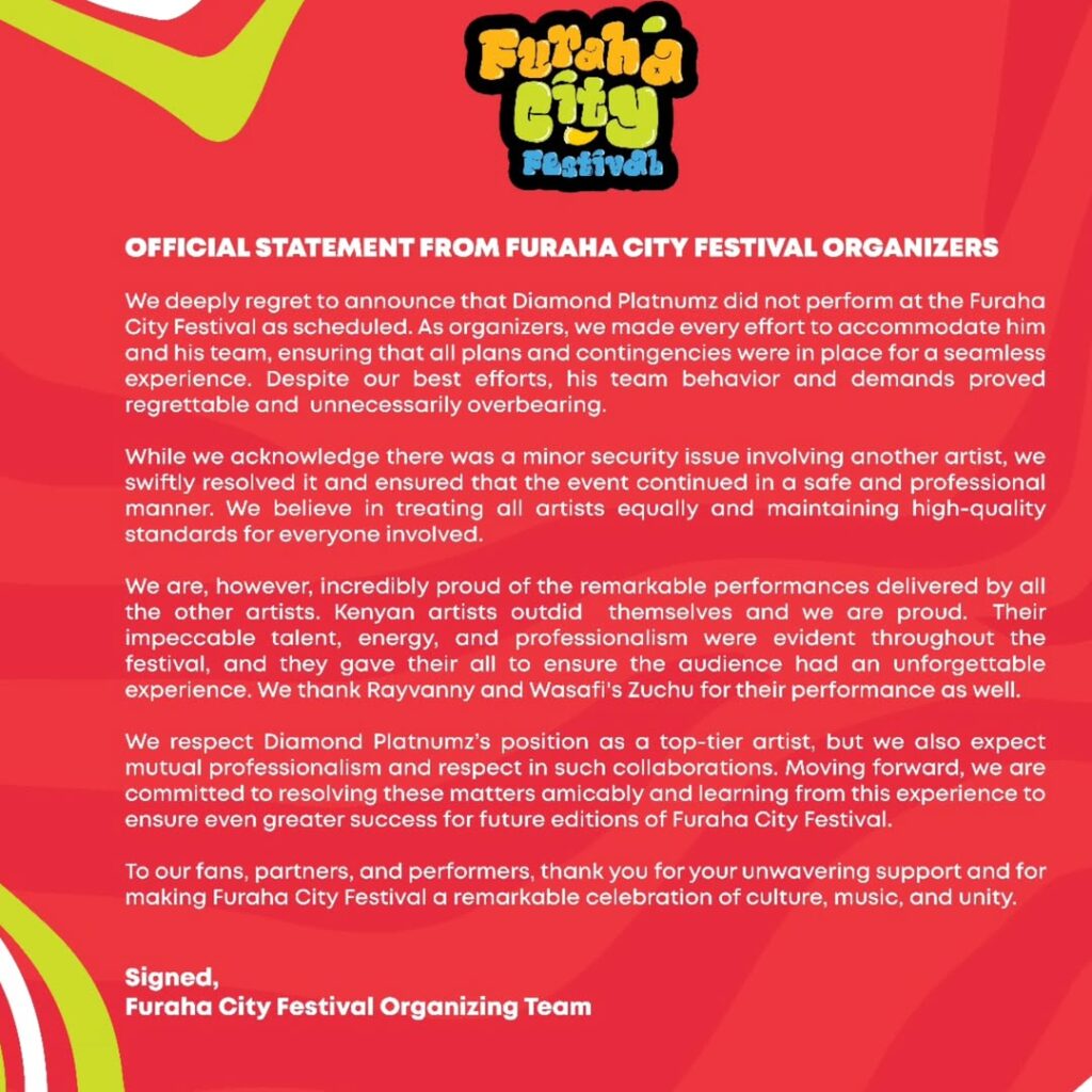 Furaha City Organizers issues a statement after Diamond failed to perform